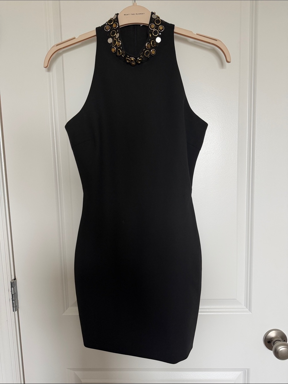 Elizabeth and James Black Halter Sheath Dress with Embellished Neckline